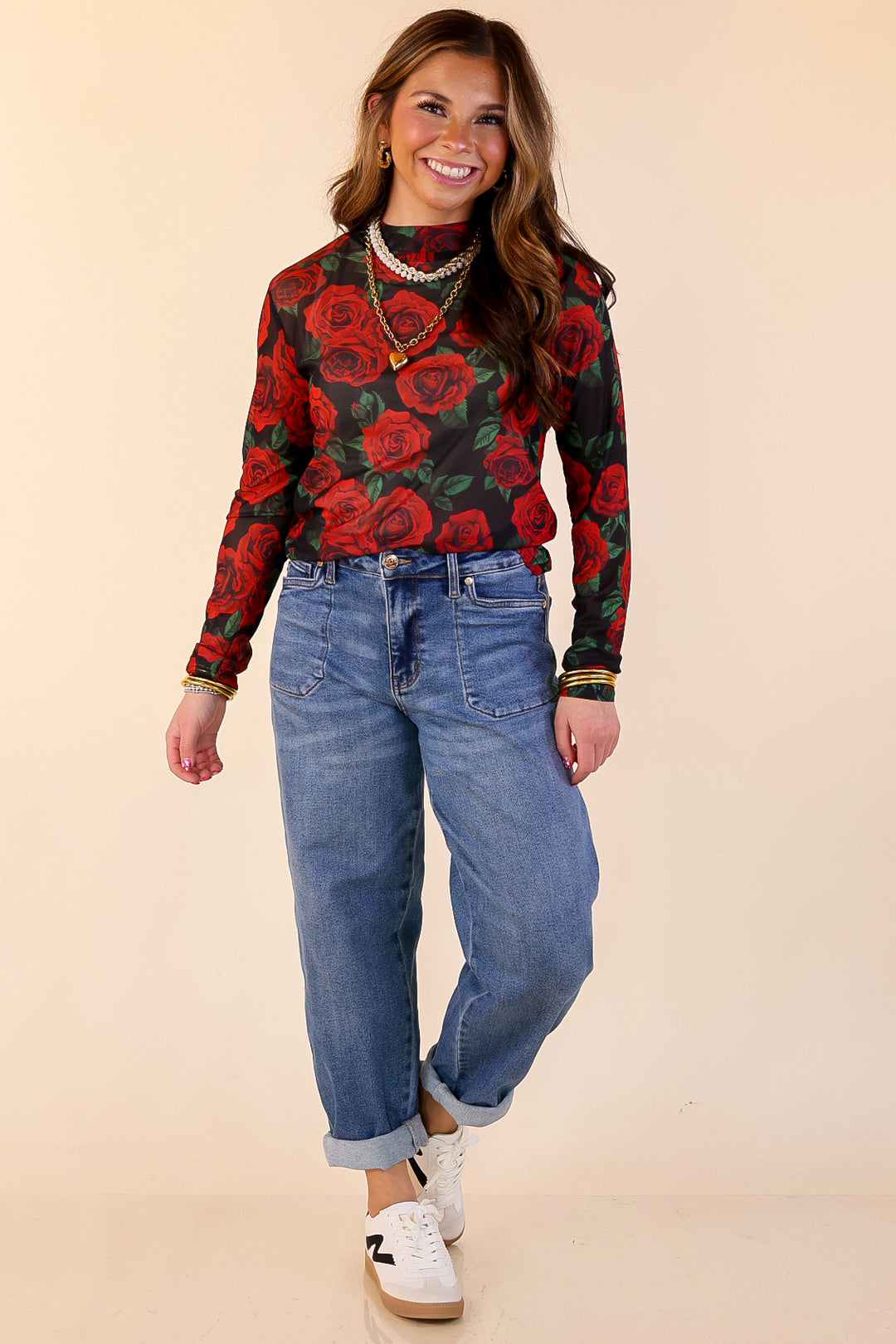 Sheer Confidence Red Rose Print Mesh Long Sleeve Top in Black