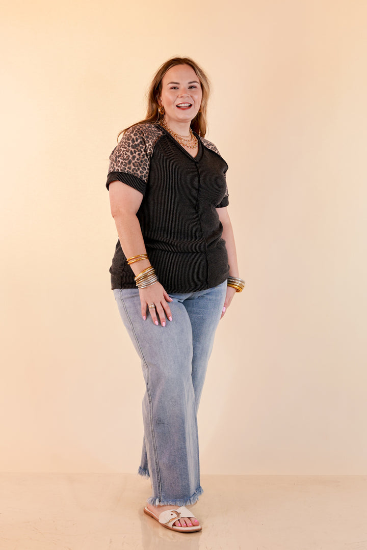 Easy Attraction Waffle Knit V Neck Top with Leopard Print Sleeves in Black