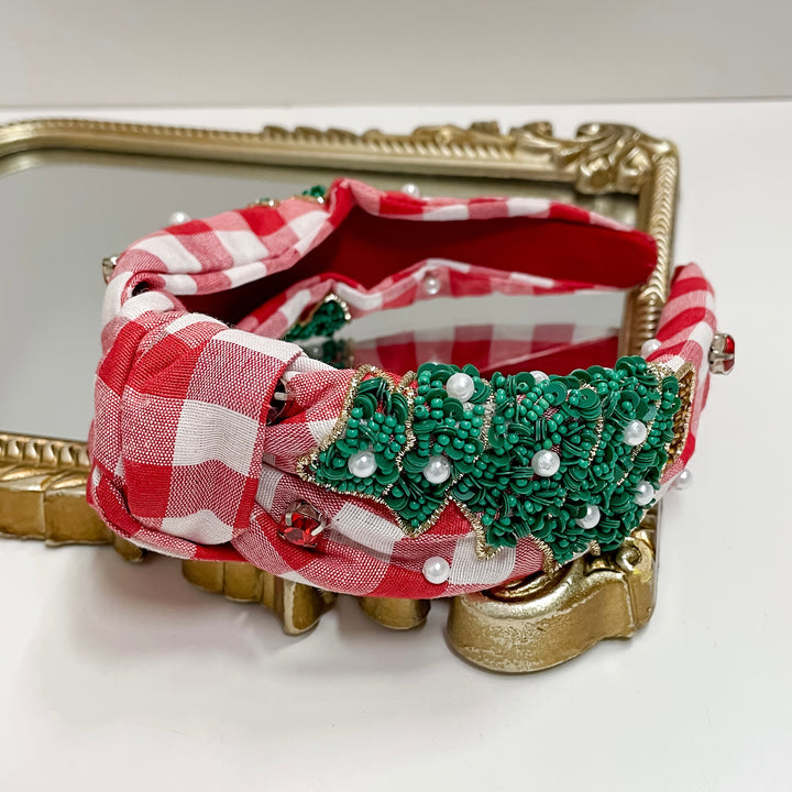 Gingham Headband with Beaded Christmas Trees in Red