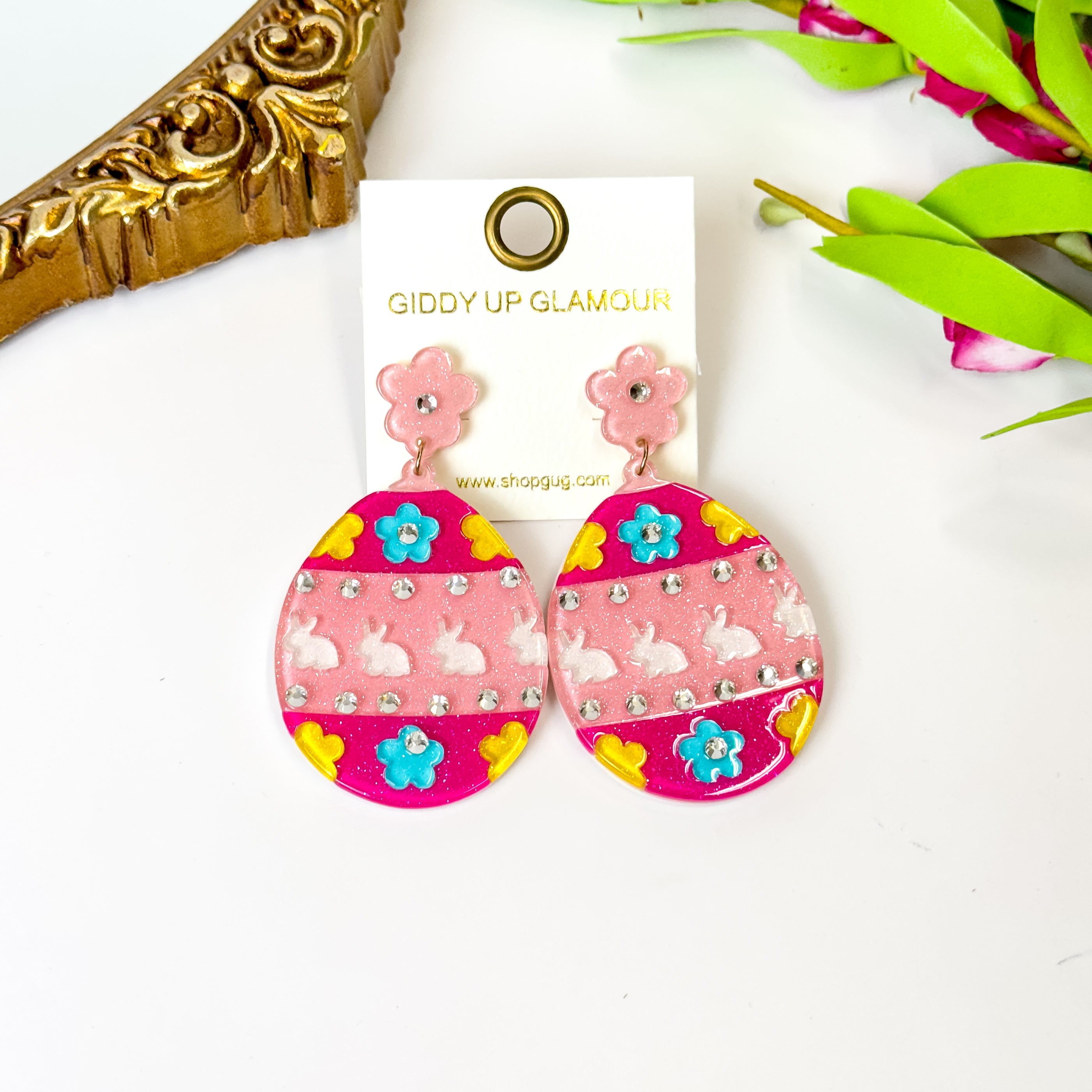 Easter Egg Earrings with Crystals in Pink - Giddy Up Glamour Boutique