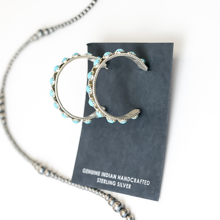 Navajo | Genuine Indian Handcrafted Sterling Silver Large Hoops with Turquoise Stones