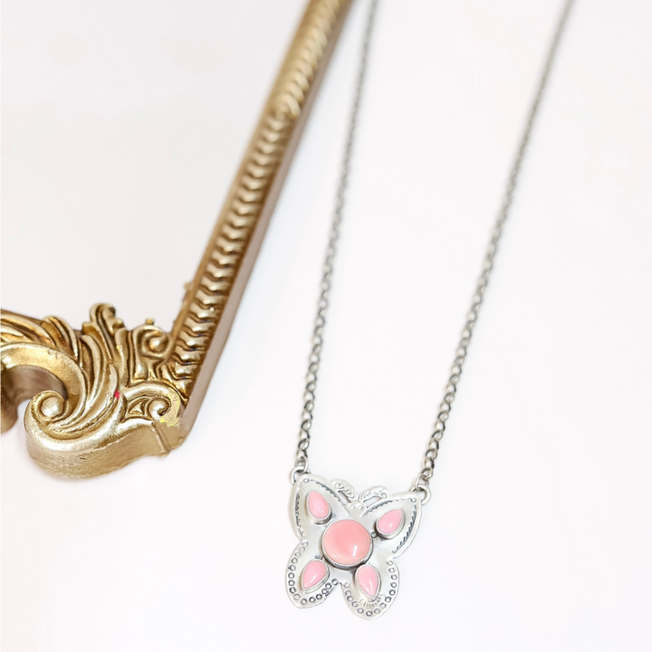 P. Yazzie | Handmade Navajo Sterling Silver Butterfly Necklace with Pink Conch Stones