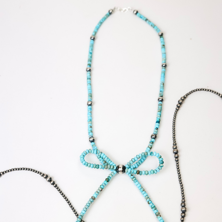 Navajo | Turquoise Stone and Sterling Silver Navajo Pearl Bow Tie Necklace