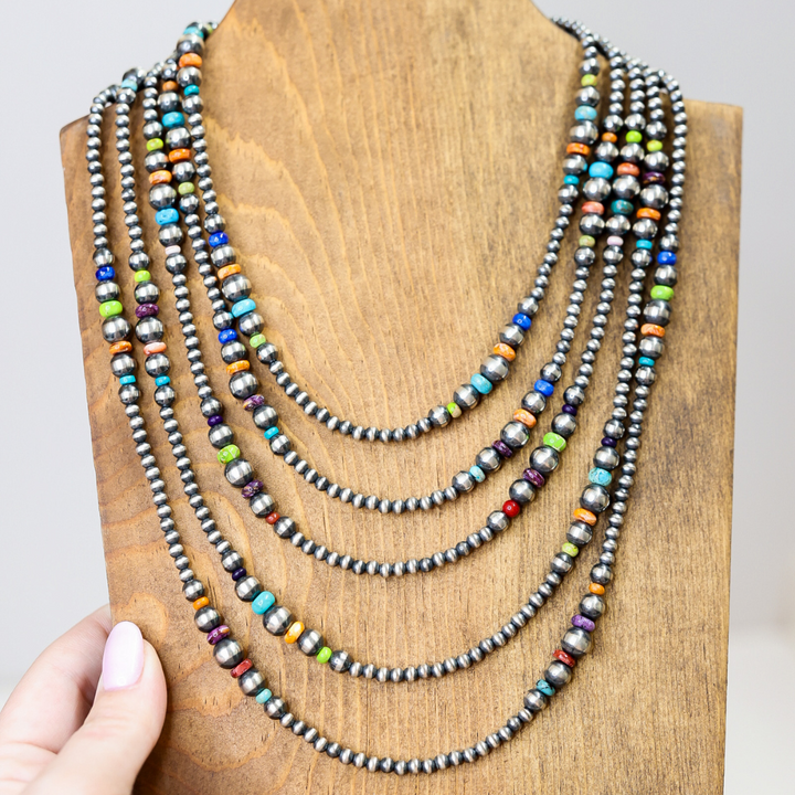 Navajo | Sterling Silver Hand Crafted Graduated Navajo Pearl Necklace with Multi Colored Stones | Varying Lengths