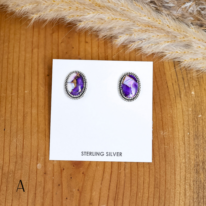 Navajo | Navajo Handmade Sterling Silver Oval Stud Earrings in Purple Mix