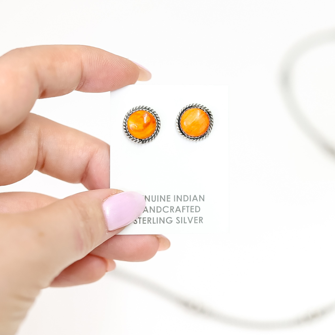 Navajo | Orange Spiny Oyster Stud Earrings with Sterling Silver Twist