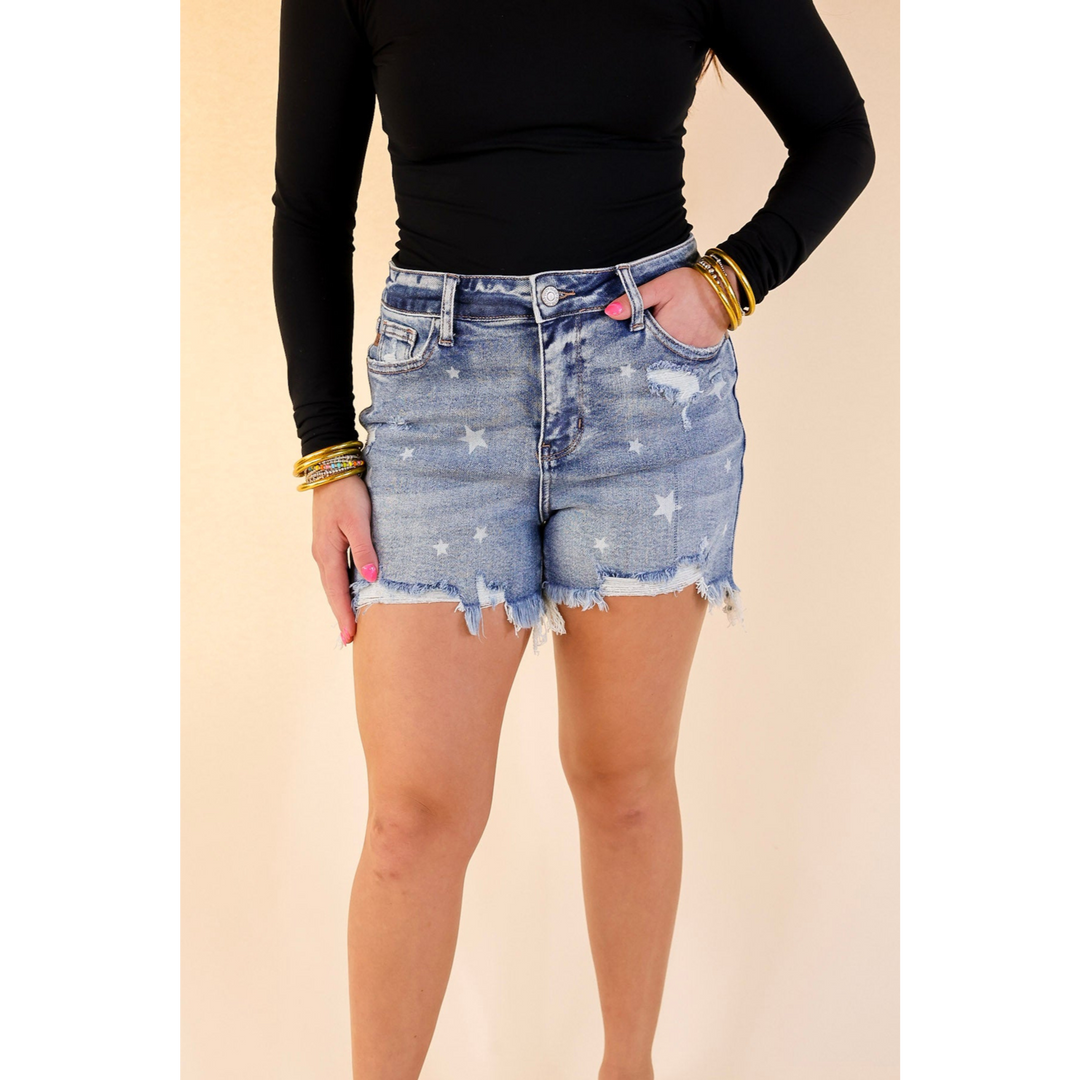 Judy Blue | Starstruck Distressed Star Print Denim Shorts in Medium Wash