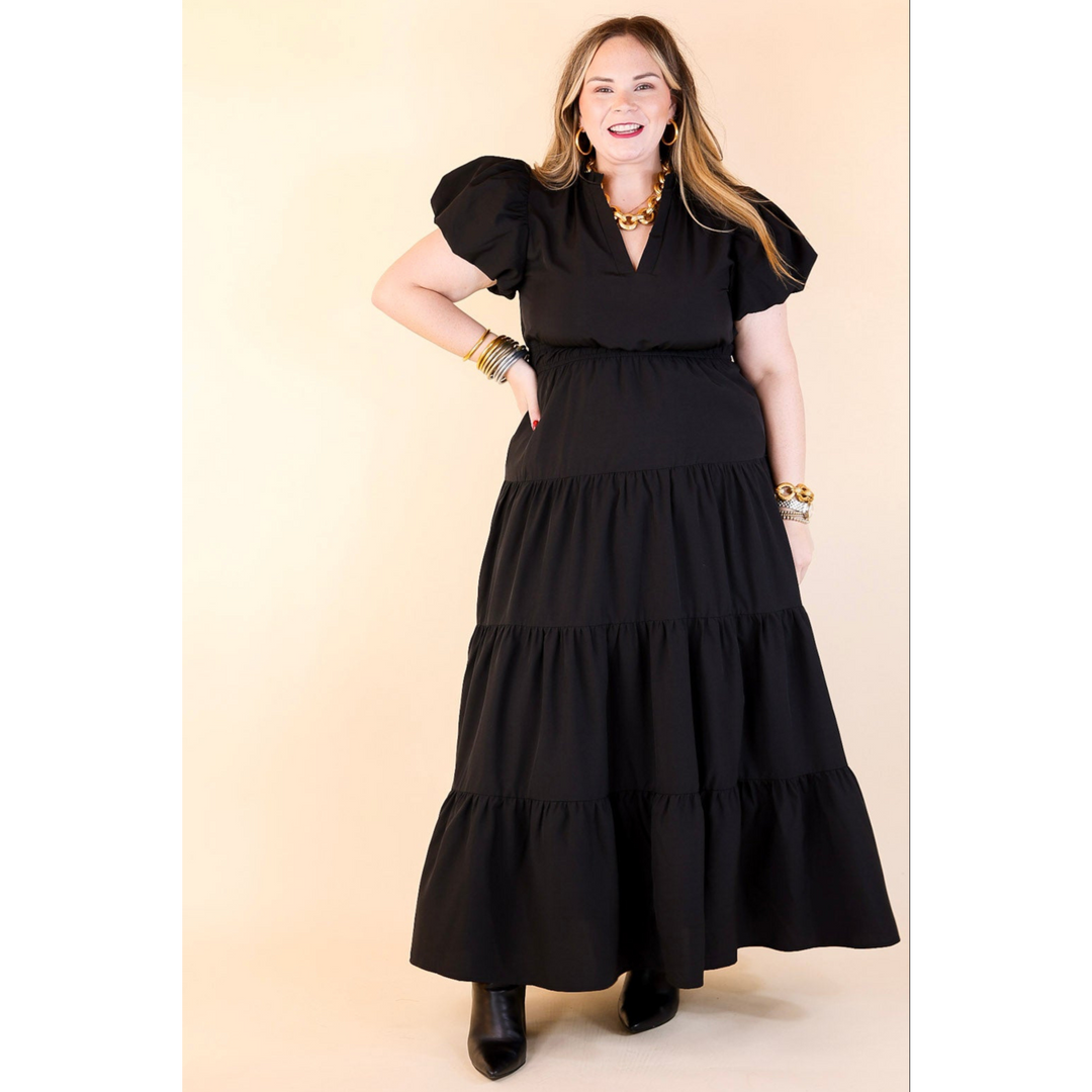 Table for Two Tiered Maxi Dress with Puff Sleeves in Black