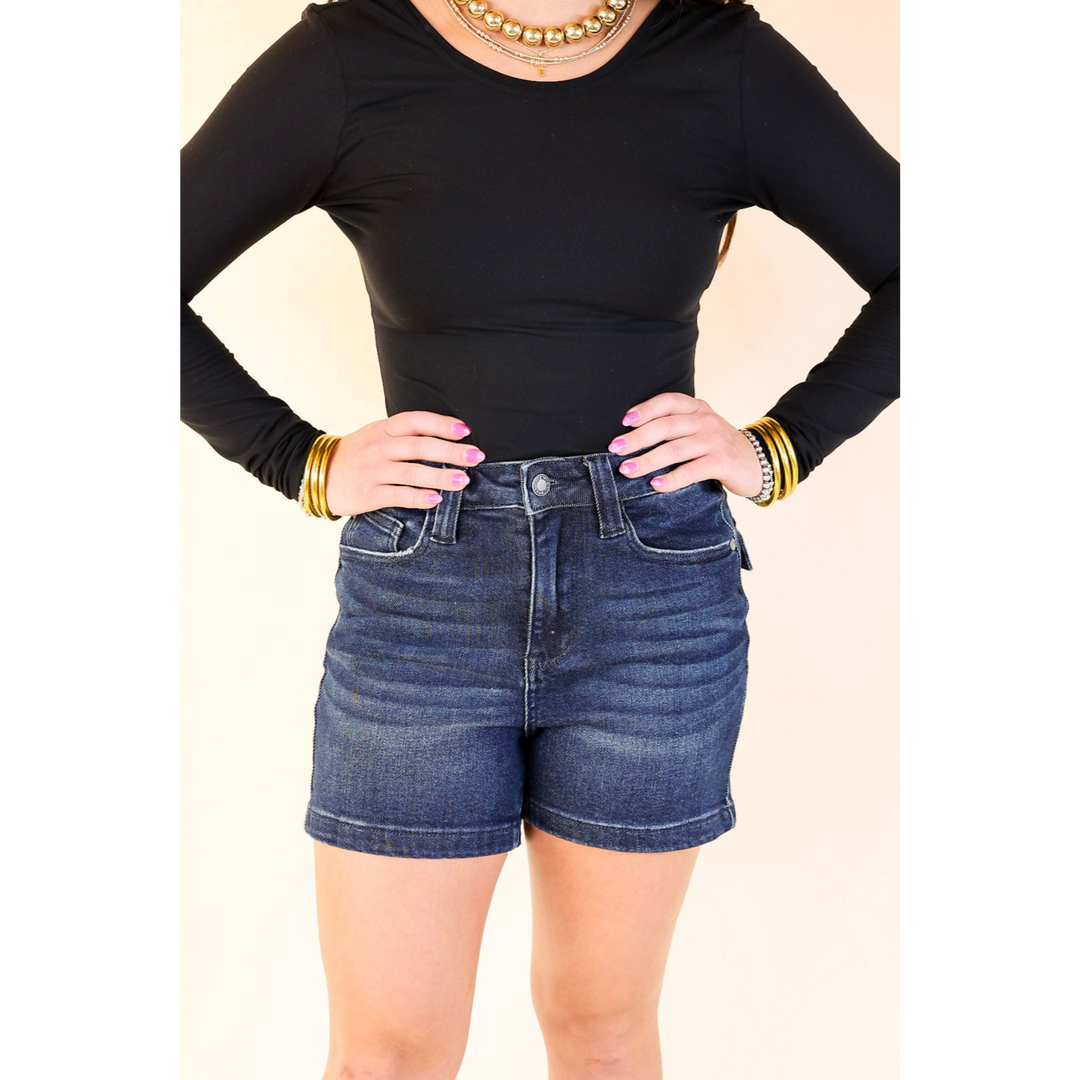 Judy Blue | Uptown Blues Denim Shorts With Back Flap Pockets in Dark Wash