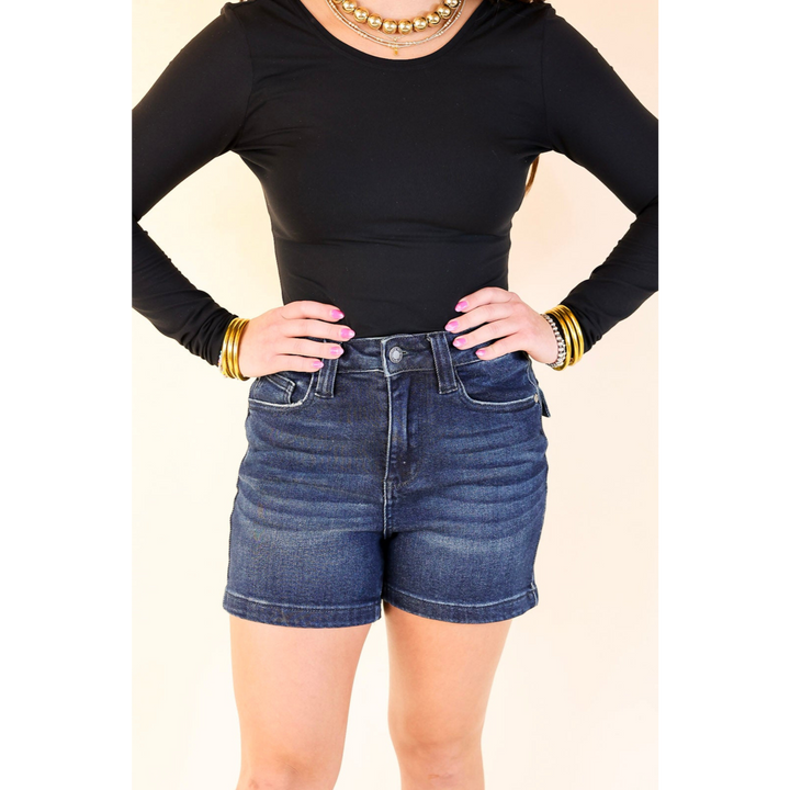 Judy Blue | Uptown Blues Denim Shorts With Back Flap Pockets in Dark Wash