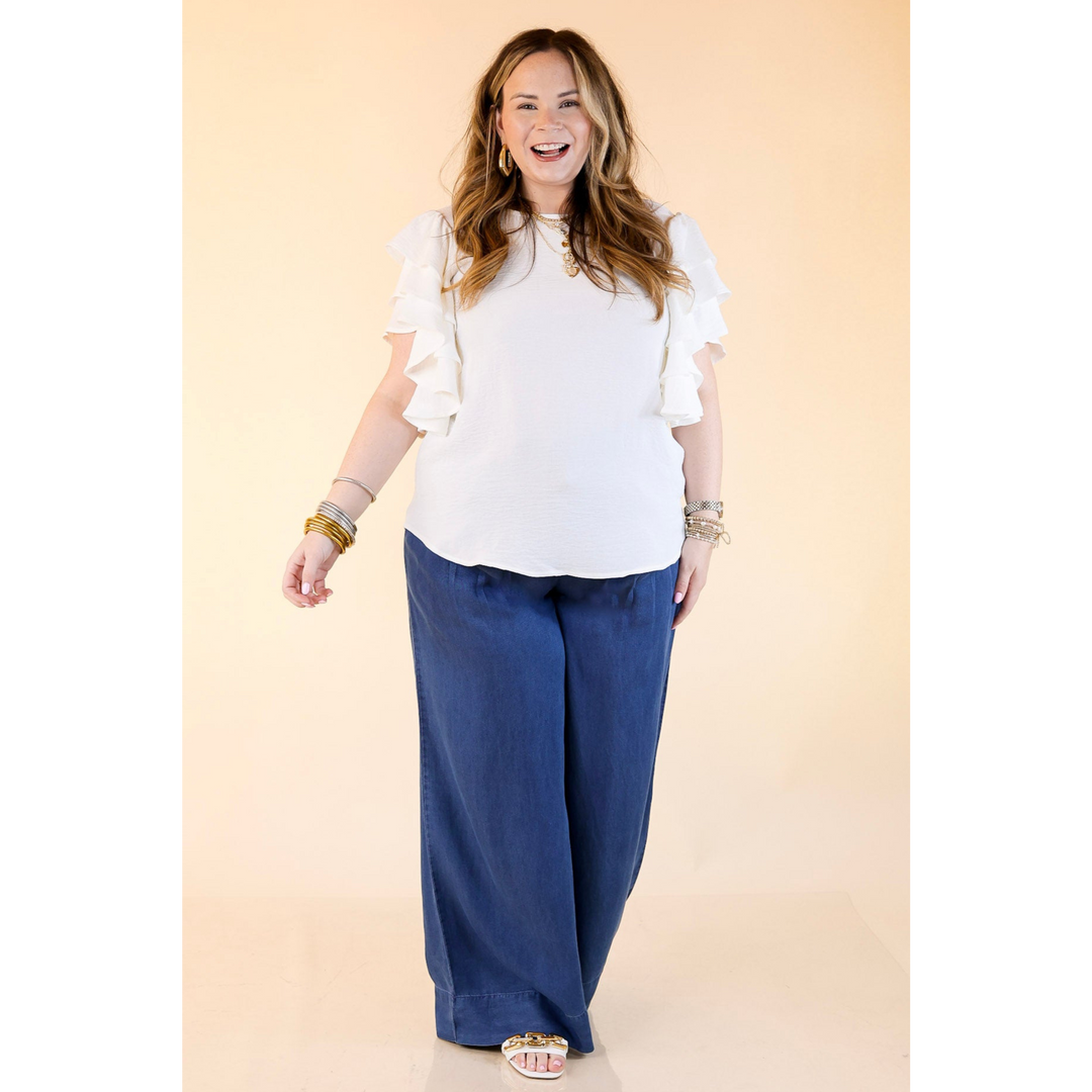 Breezy Blues Wide-Leg Pants With Elastic Drawstring Waist and Pleating in Denim Blue