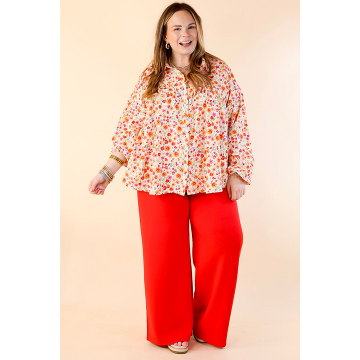 Secret Garden Floral Print Top with Collar and Long Sleeves in Cream