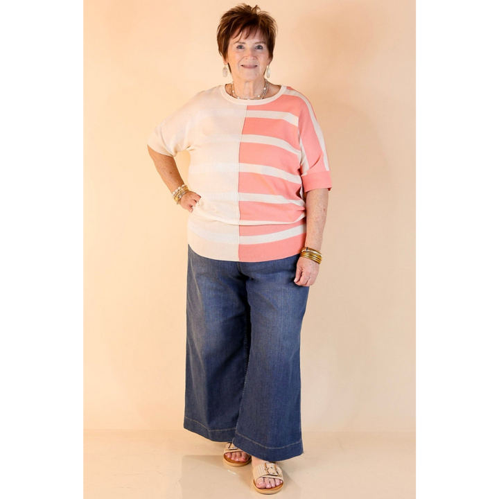 Urban Chic Color Block Striped Knit Top in Cream and Coral