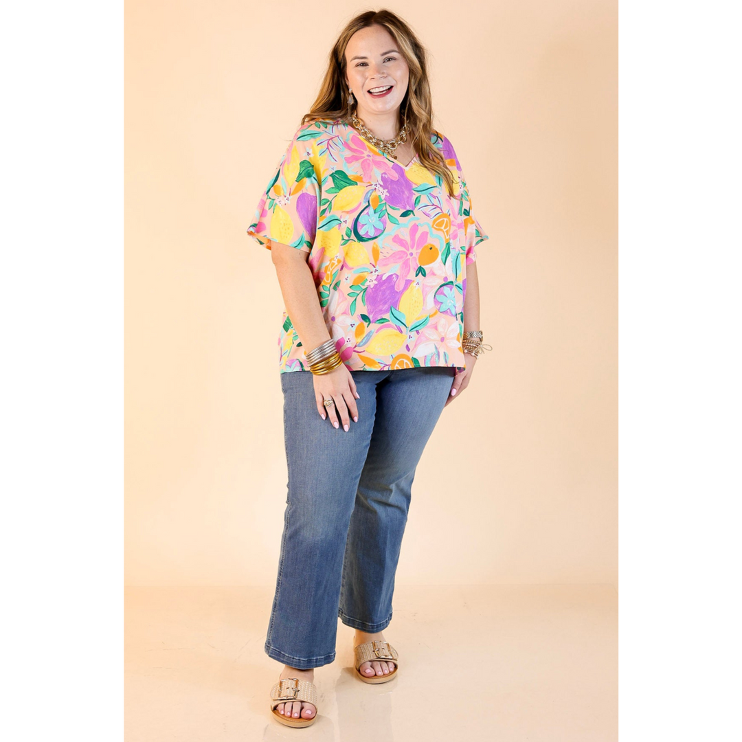 Majestic Moment V Neck Fruit Print Poncho Top in Blush Pink