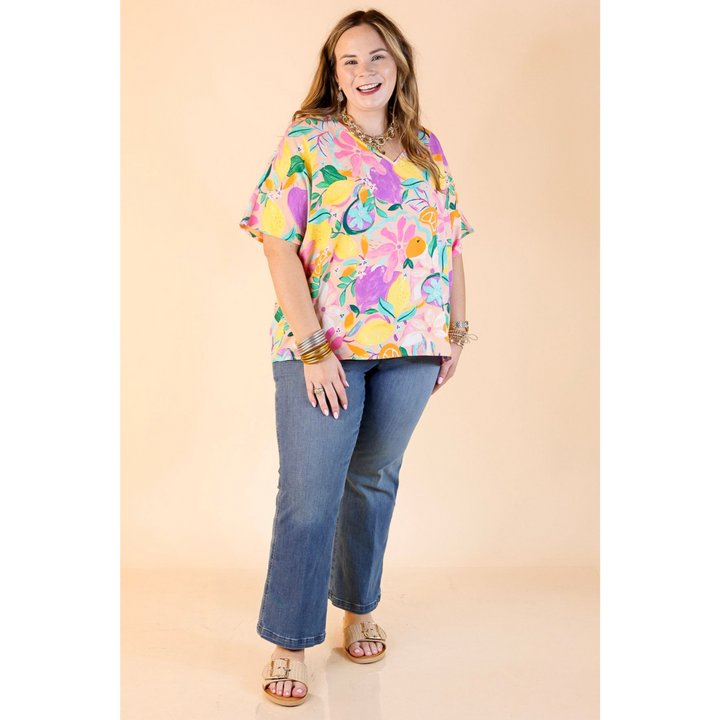 Majestic Moment V Neck Fruit Print Poncho Top in Blush Pink