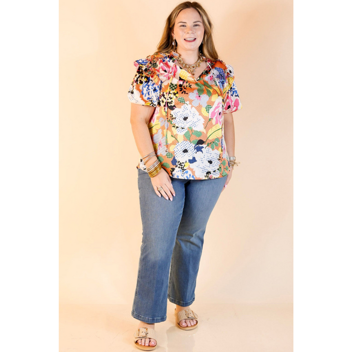 Malibu Villa Floral Print Top with Keyhole and Tie Neckline in Orange Mix