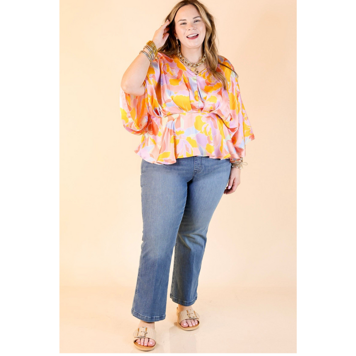 Hear the Music Drop Sleeve Satin Mosaic Print V Neck Peplum Top in Coral Pink Mix