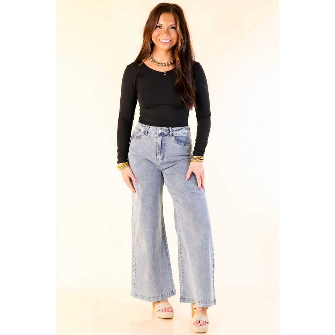 Sunny Stroll Cropped Wide Leg Jean with Pearls