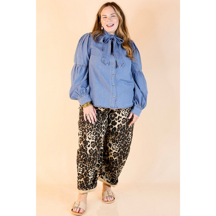 Steal the Show Denim Long Sleeve Button Up Top with Detachable Bow Tie