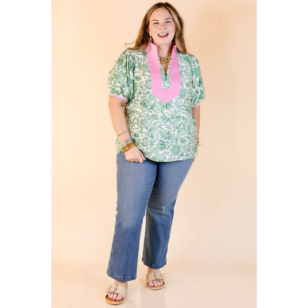 Blush and Bloom Floral Print Top with Short Puff Sleeves in Green
