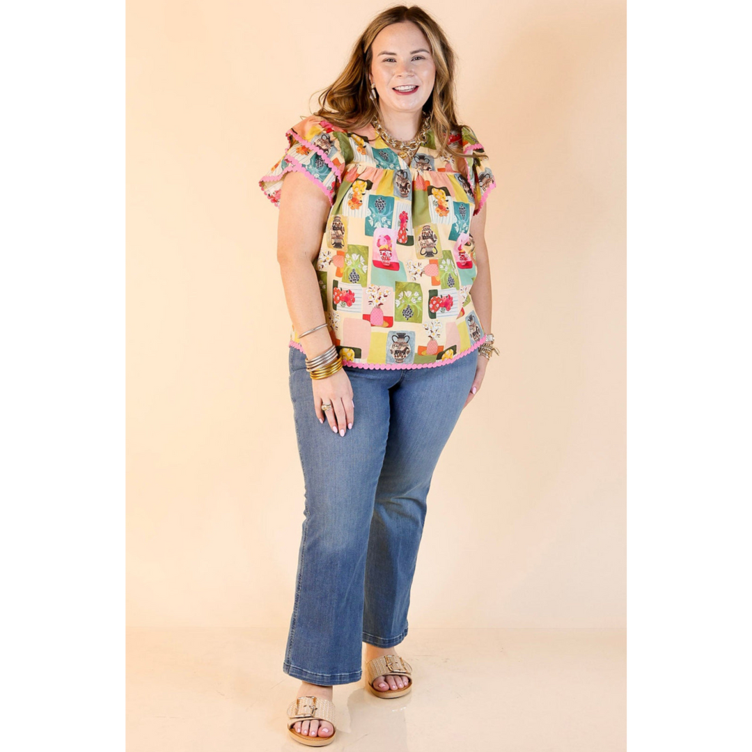 First Choice V Neck Multicolor Abstract Floral Print Top with Ruffle Cap Sleeves