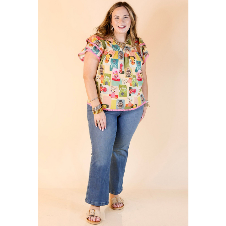 First Choice V Neck Multicolor Abstract Floral Print Top with Ruffle Cap Sleeves