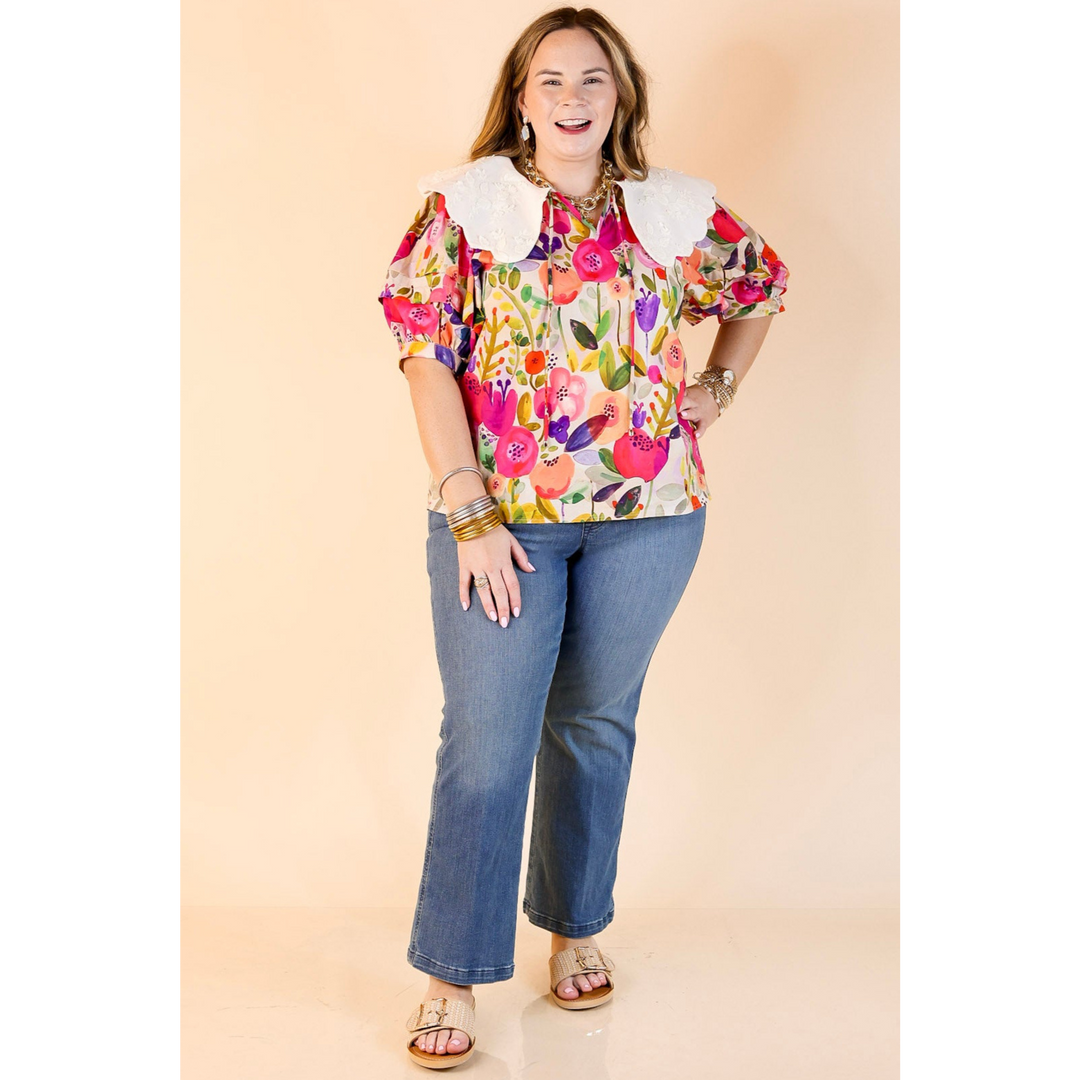 Lovely Look Multicolor Floral Print Top with White Peter Pan Collar