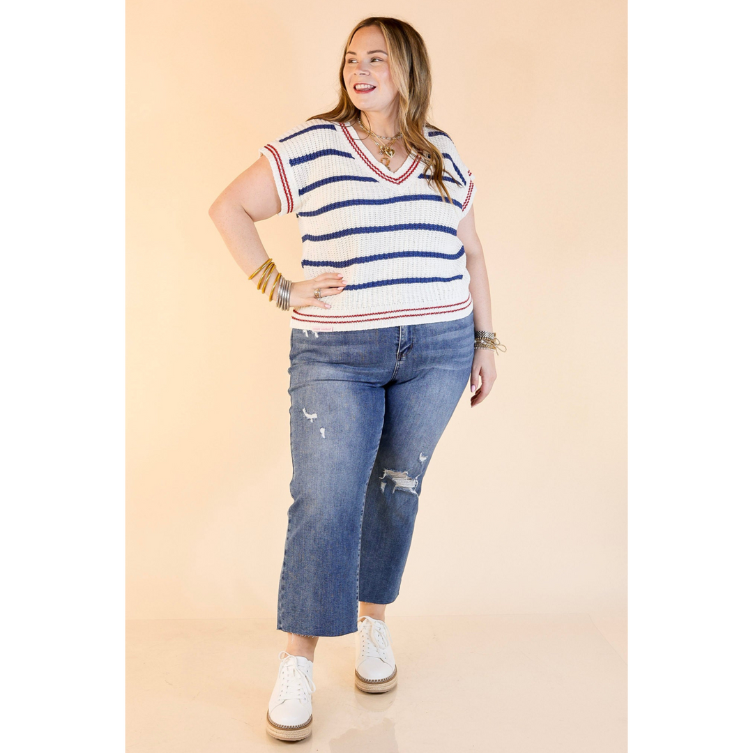 Simply Southern | Go with the Flow Striped Short Sleeve Sweater Top in Navy Blue