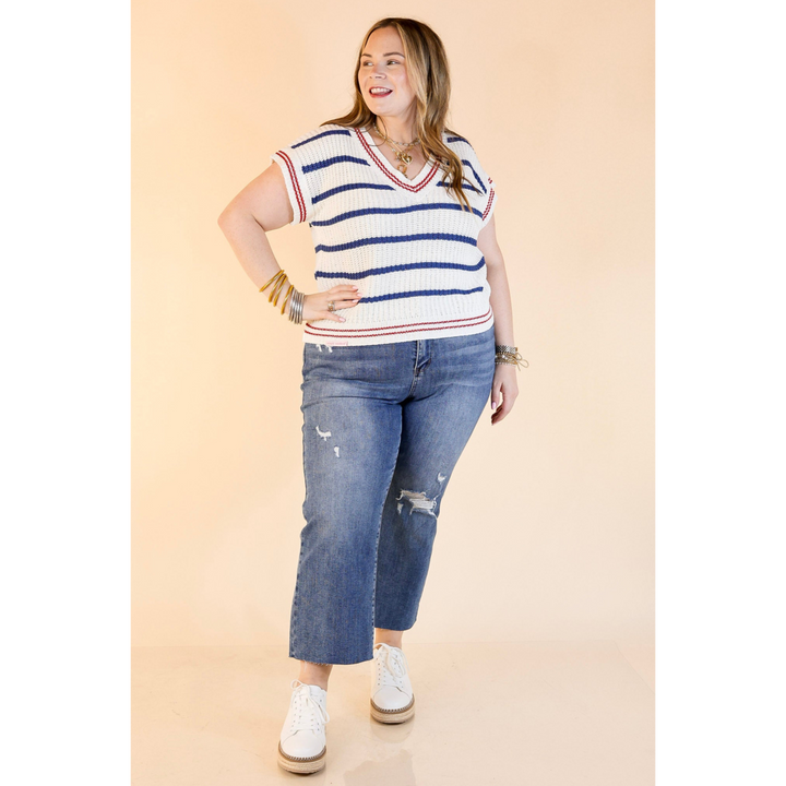Simply Southern | Go with the Flow Striped Short Sleeve Sweater Top in Navy Blue