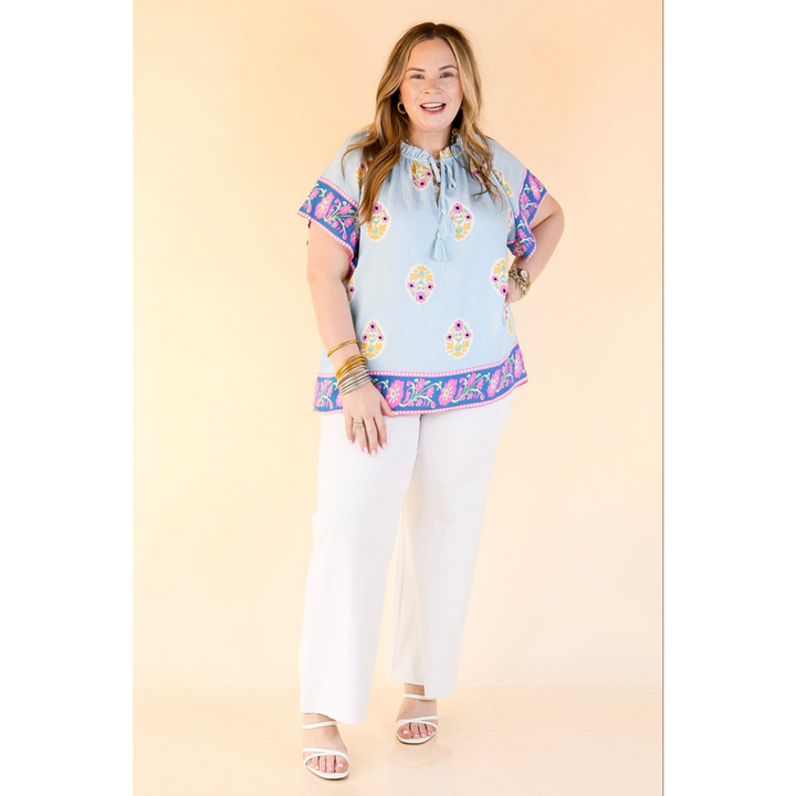 Blossom in Blue Floral Print A-Line Top in Blue and Pink Mix