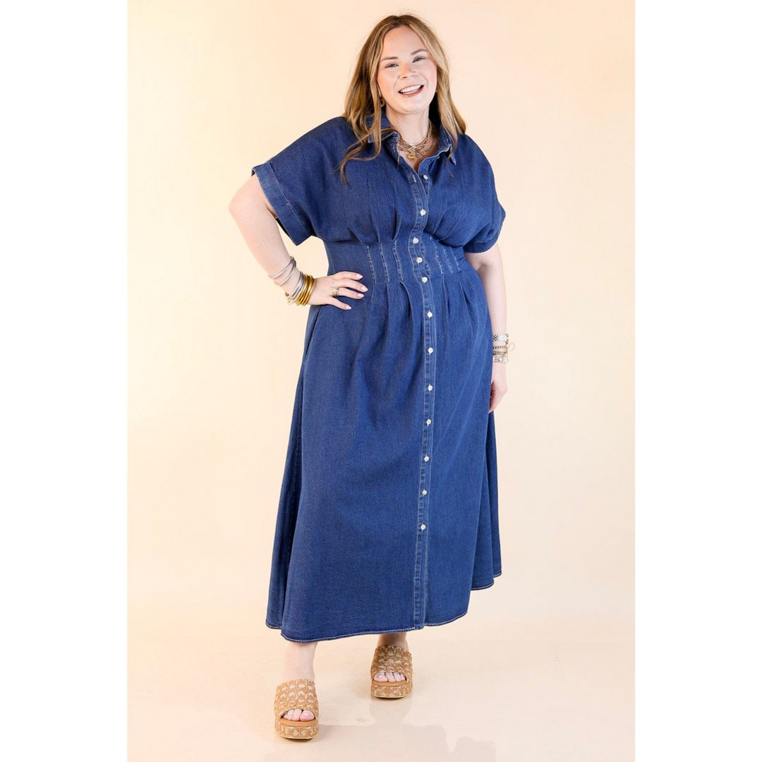 Simply Darling Button Up Denim Maxi Dress with a cinch waist. In sizes from small to large Giddy Up Glamour Boutique Simply Darling Button Up Denim Maxi Dress with a cinch waist. In sizes from small to large Giddy Up Glamour Boutique