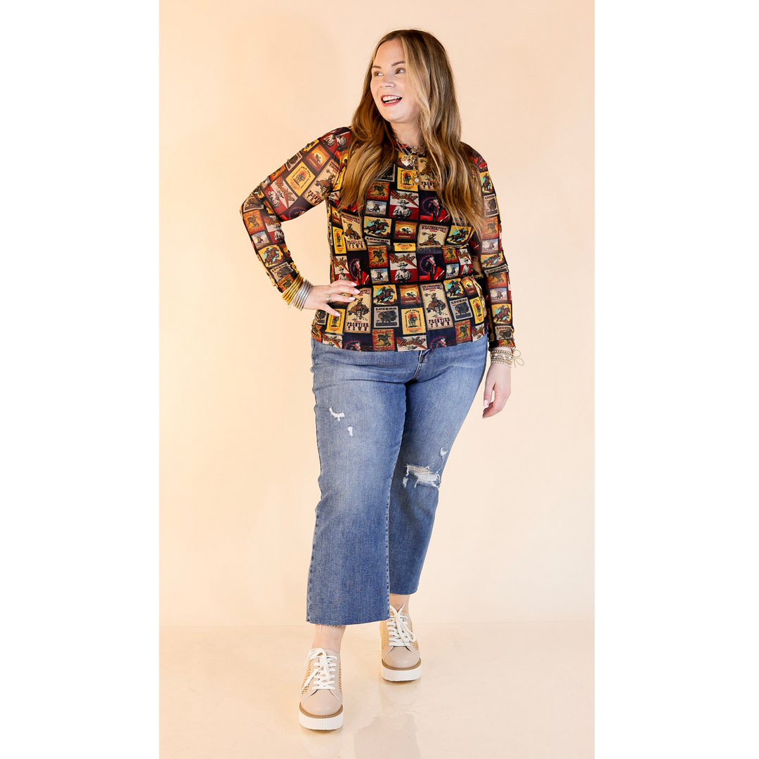 Light Layer Vintage Poster Print Mesh Long Sleeve Top