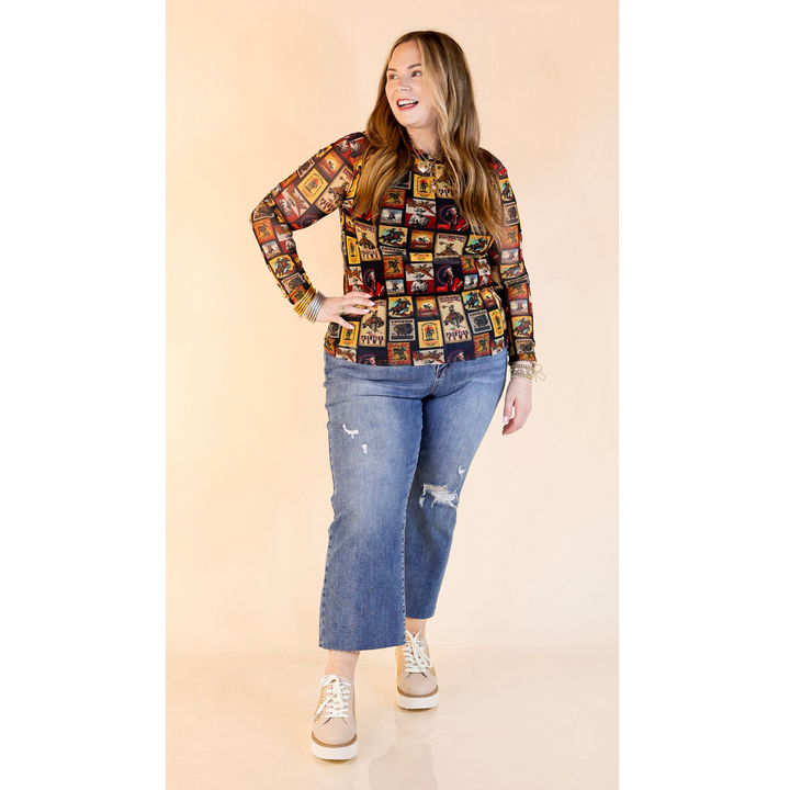 Light Layer Vintage Poster Print Mesh Long Sleeve Top