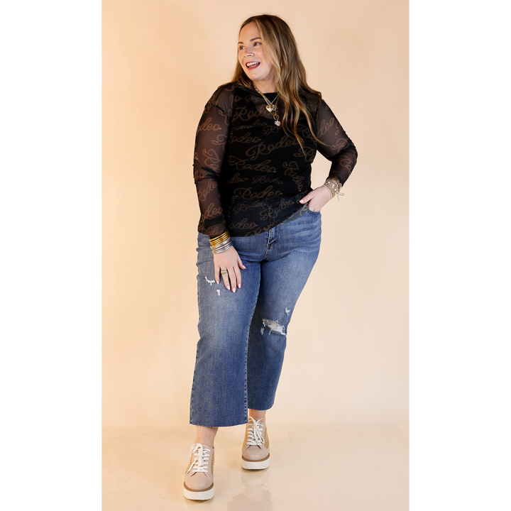 Light Layer Rodeo Western Script Print Mesh Long Sleeve Top in Black