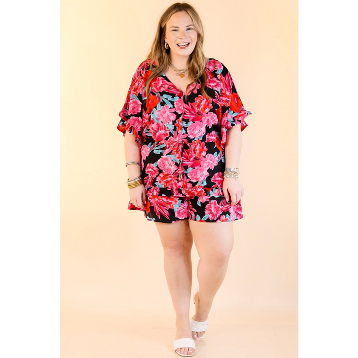 Sending Good Luck Floral Print Drawstring Romper in Black