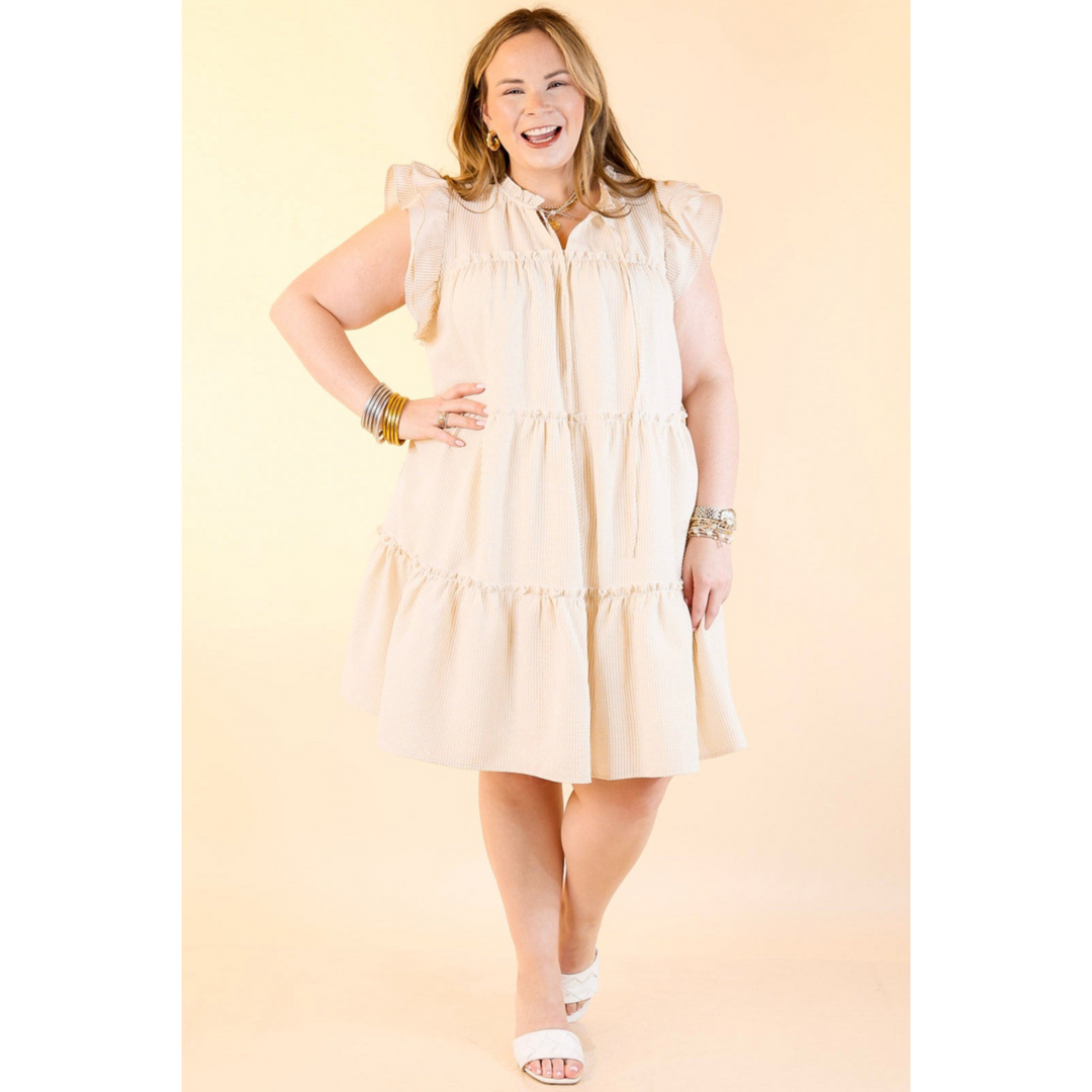 Beachfront Bliss Pin Stripe Dress with Keyhole and Tie Neck in Beige