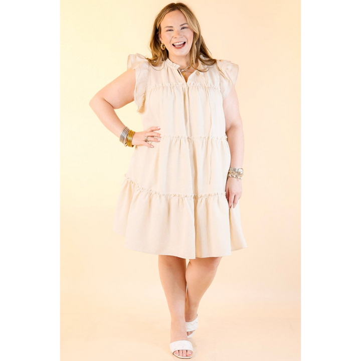 Beachfront Bliss Pin Stripe Dress with Keyhole and Tie Neck in Beige