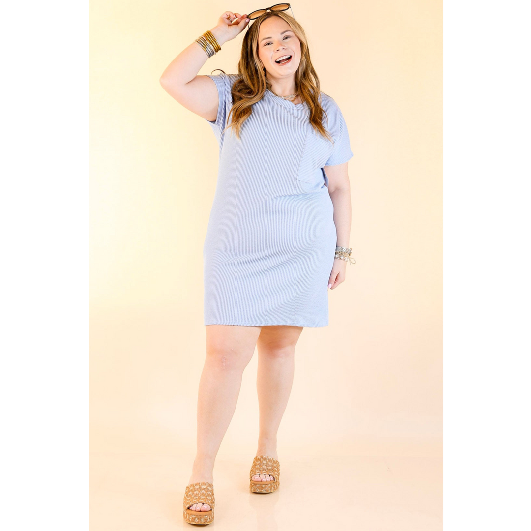Coffee and Carefree Ribbed Short Sleeve Dress with Front Pocket in Sky Blue
