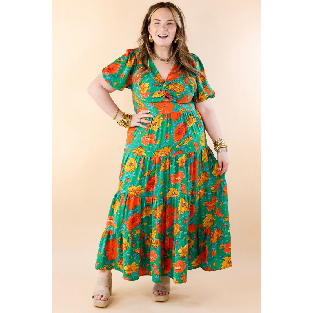 Botanical Bliss Floral Tiered Maxi Dress in Green