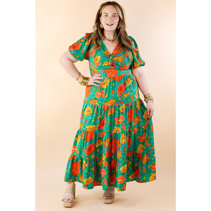 Botanical Bliss Floral Tiered Maxi Dress in Green