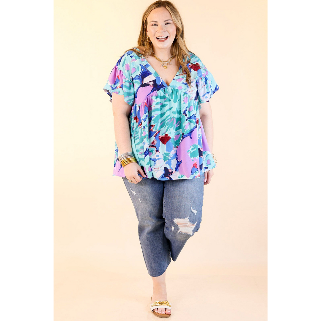 You Had Me At Aloha Watercolor Floral Top with V Neckline in Aqua Mix
