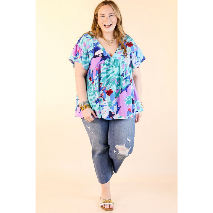 You Had Me At Aloha Watercolor Floral Top with V Neckline in Aqua Mix
