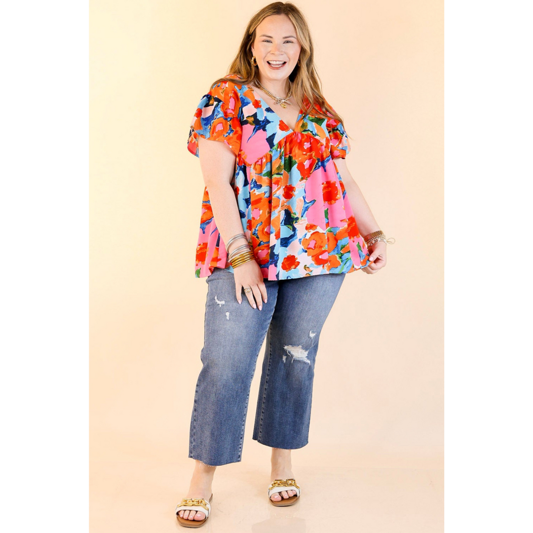 You Had Me At Aloha Watercolor Floral Top with V Neckline in Orange Mix