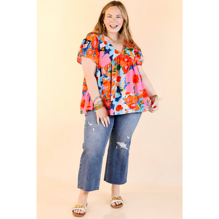 You Had Me At Aloha Watercolor Floral Top with V Neckline in Orange Mix