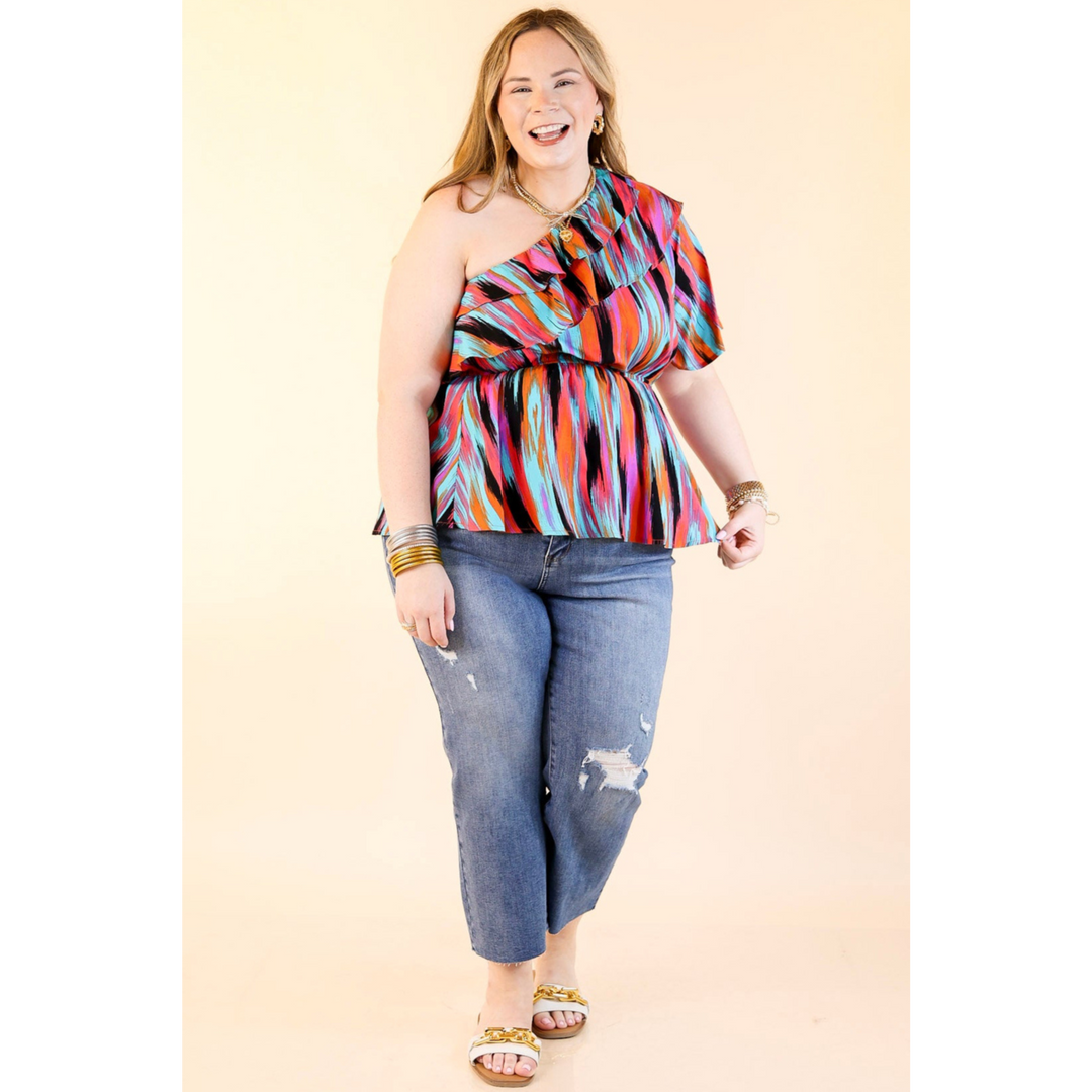 Worth Staying One Shoulder Watercolor Stripe Top in Turquoise and Red Mix