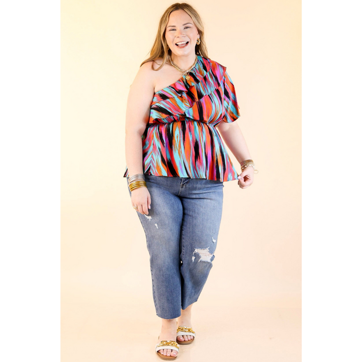 Worth Staying One Shoulder Watercolor Stripe Top in Turquoise and Red Mix