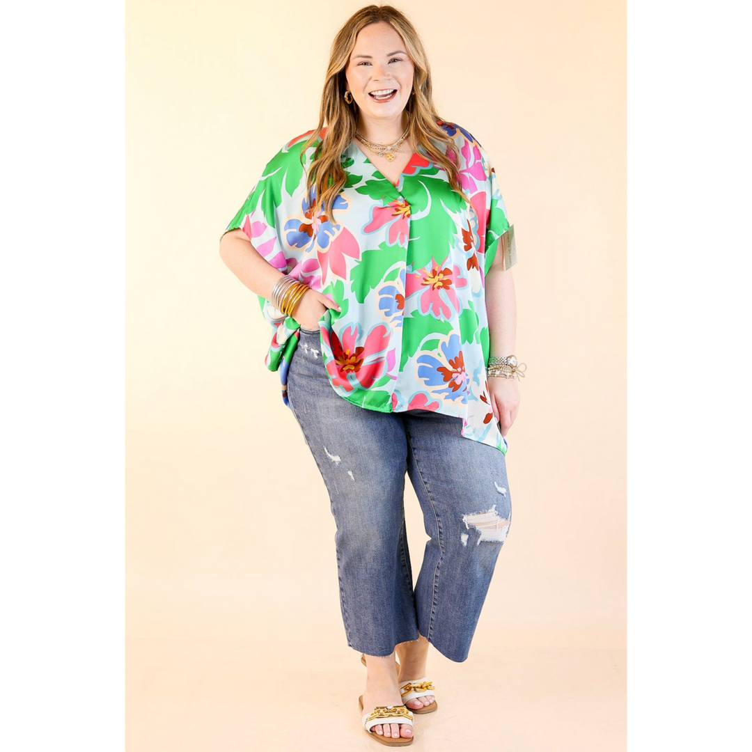 Weekend Out V Neck Placket Floral Short Sleeve Top in Light Blue Mix