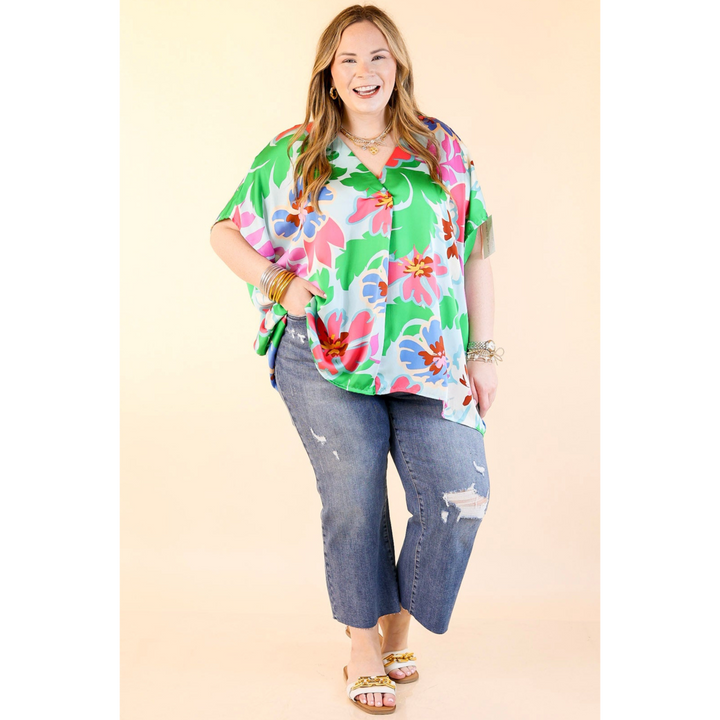 Weekend Out V Neck Placket Floral Short Sleeve Top in Light Blue Mix