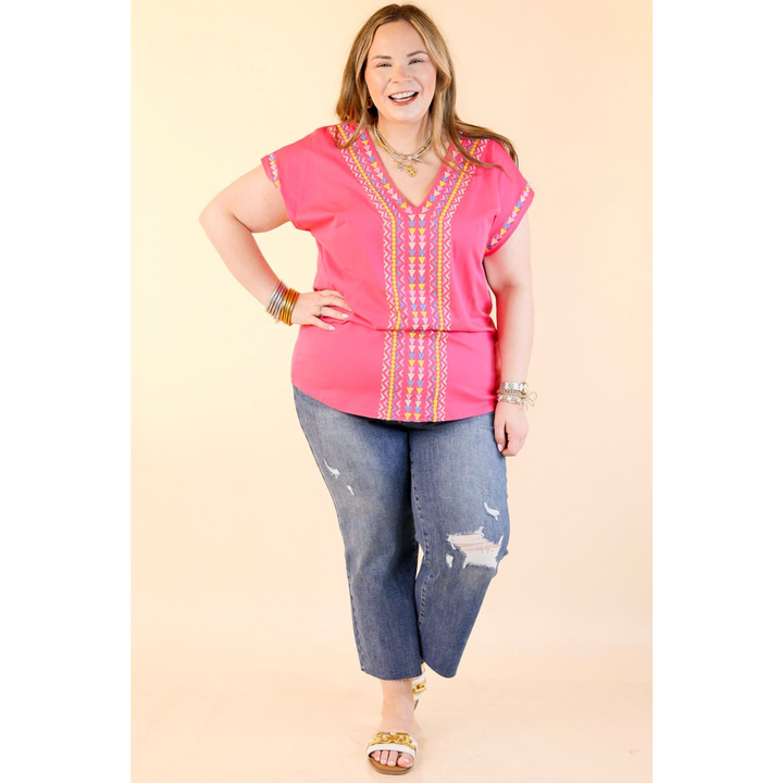 Paradise Found Embroidered Short Sleeve Top with V Neckline in Pink