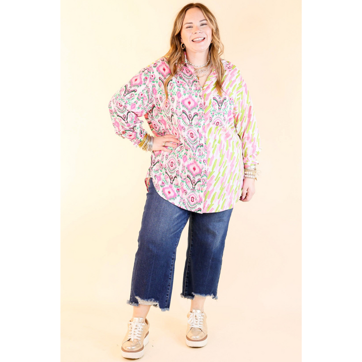 Sensational Flair Button Up Mix Print Top in Green and Pink